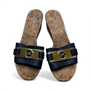 Michael Kors Cork Platform Slides Gold MK Logo Navy Size 7.5 Sandals 2.5”